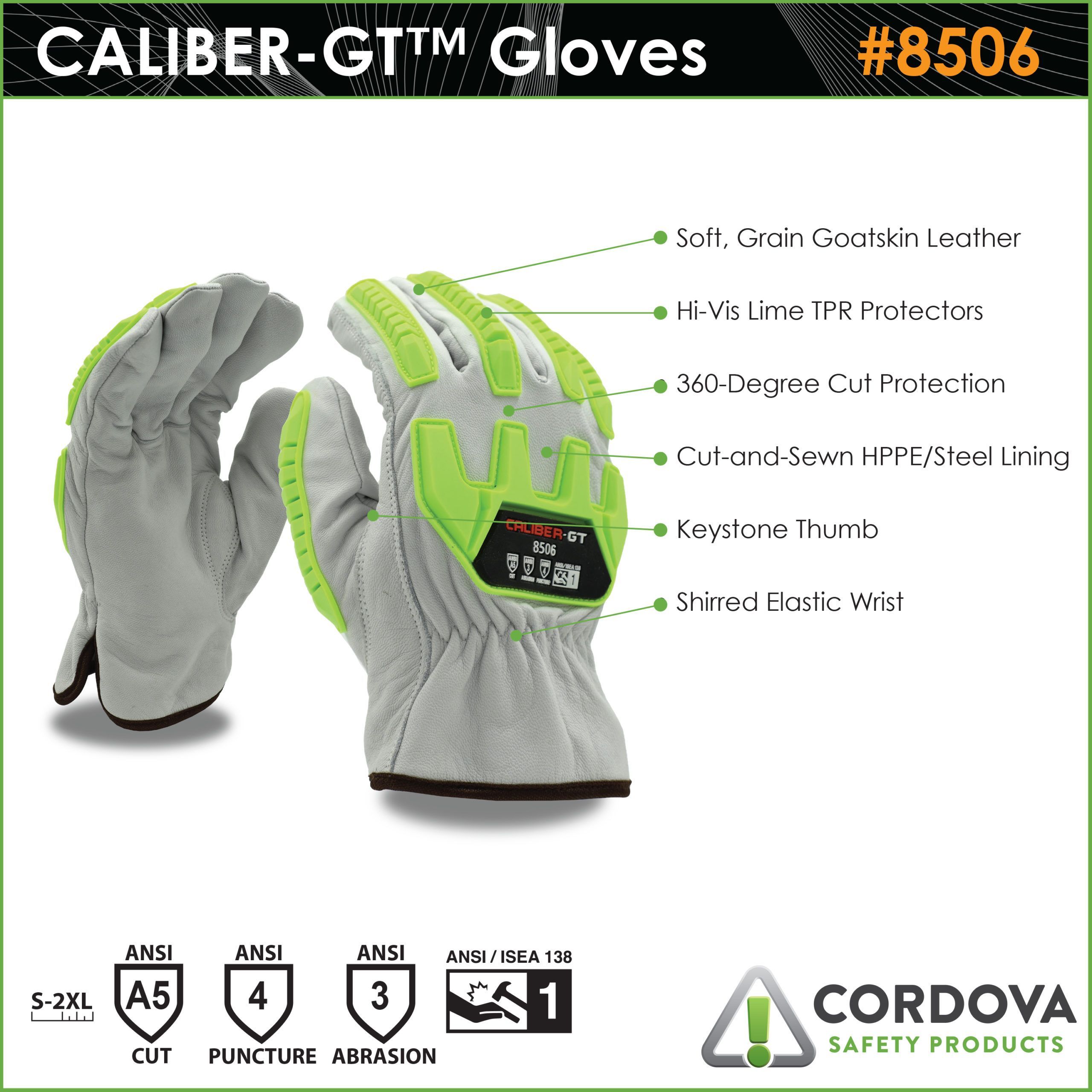 Cordova Safety CALIBER-GT™ 8506/2XL Leather Driver's Gloves