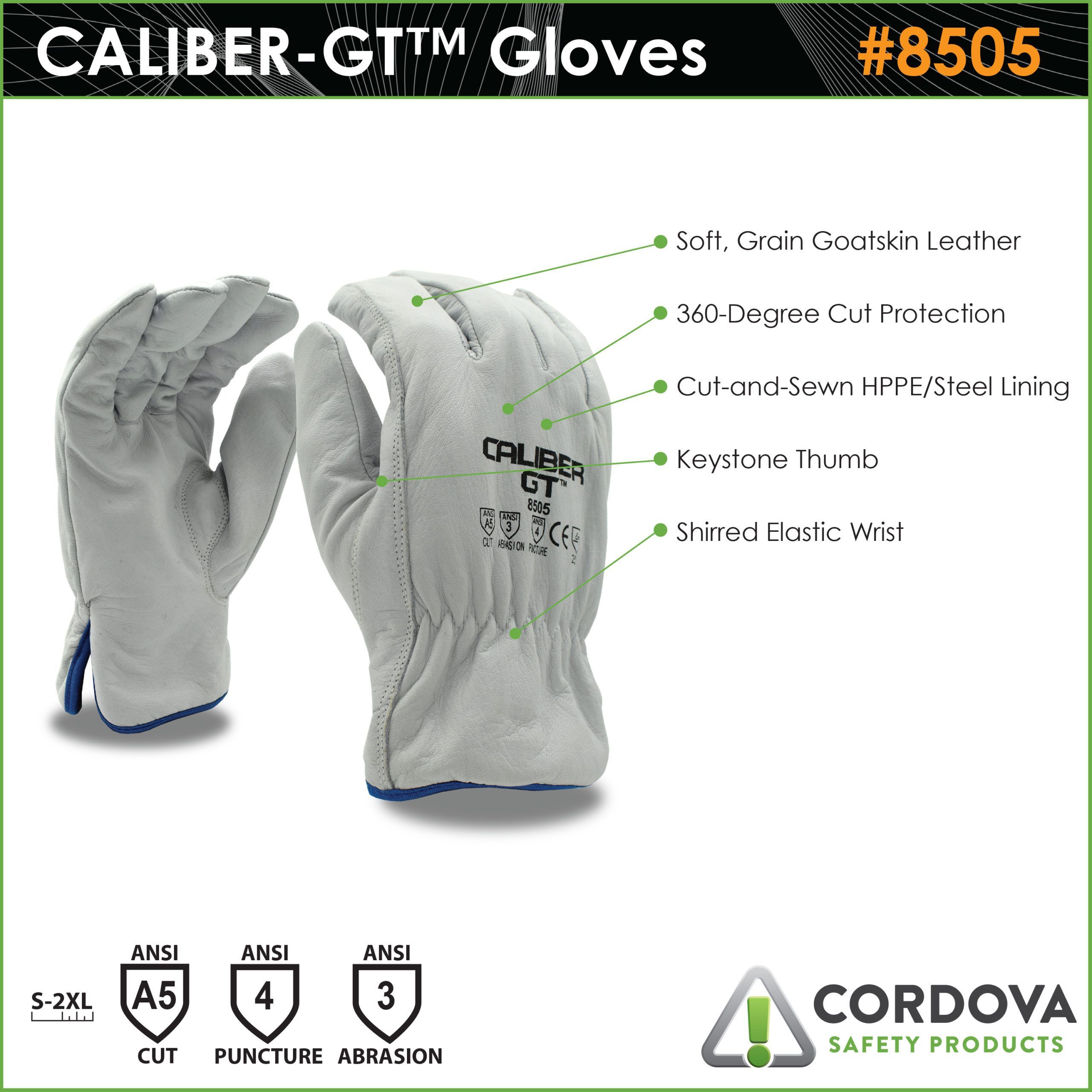 Cordova Safety CALIBER-GT™ 8505/2XL Leather Driver's Gloves